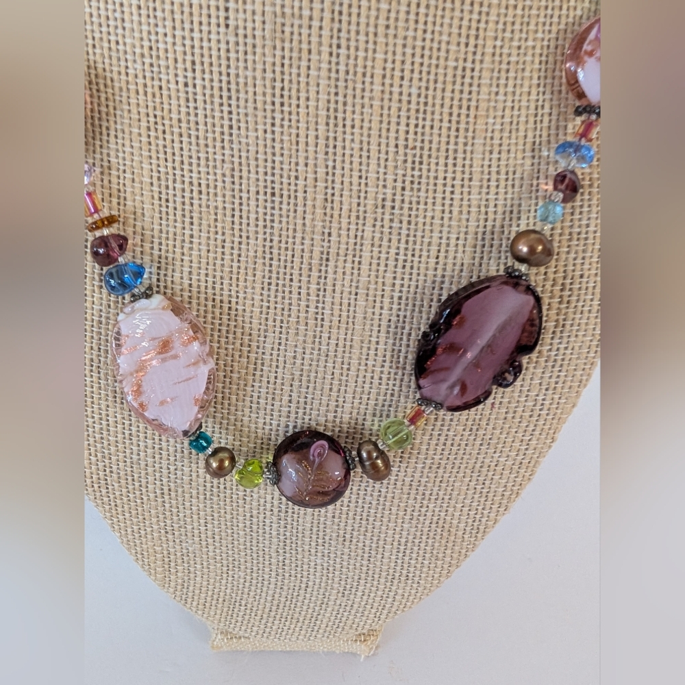 Vintage Necklace Venetian Murano  Beads In Pink And Blue - Picture 2 of 8